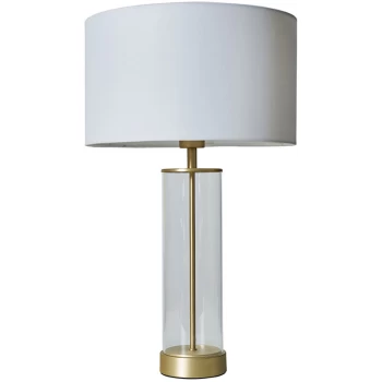 image of Matt Gold & Clear Tube Table Lamp With Large Lampshade - White