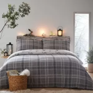 image of Dreams & Drapes Lodge Derwent Check 100% Brushed Cotton Reversible Duvet Cover Set, Grey, King