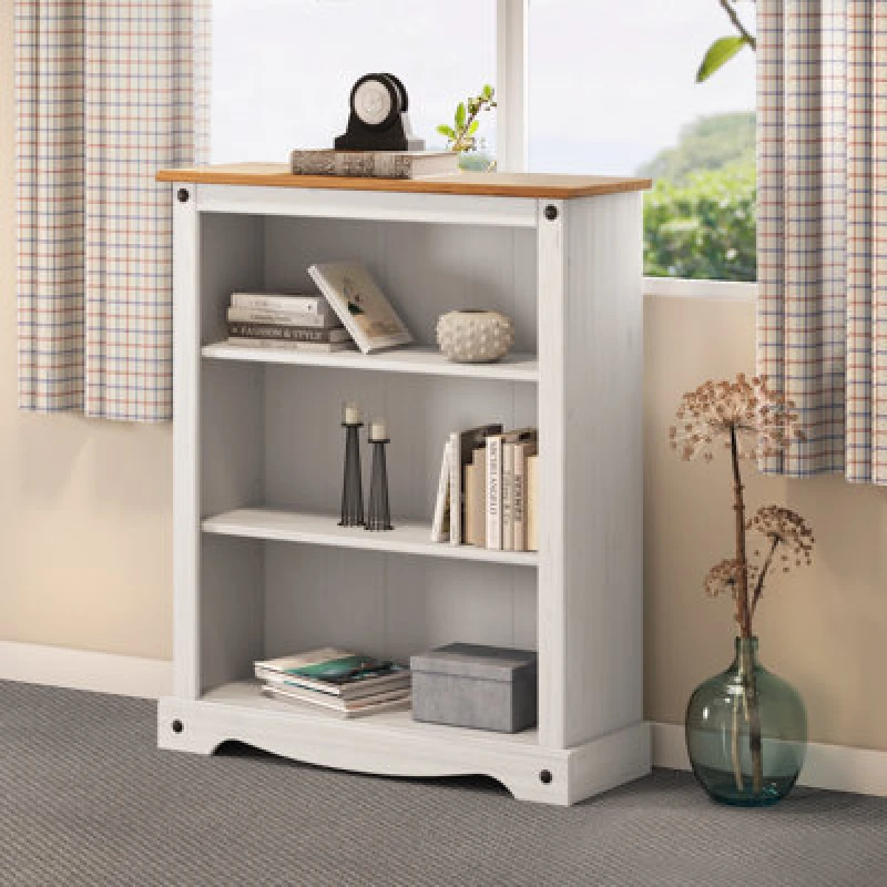 Image of Mercers Furniture Corona White Small Low 3 Shelf Bookcase Solid Pine With Mexican Styling