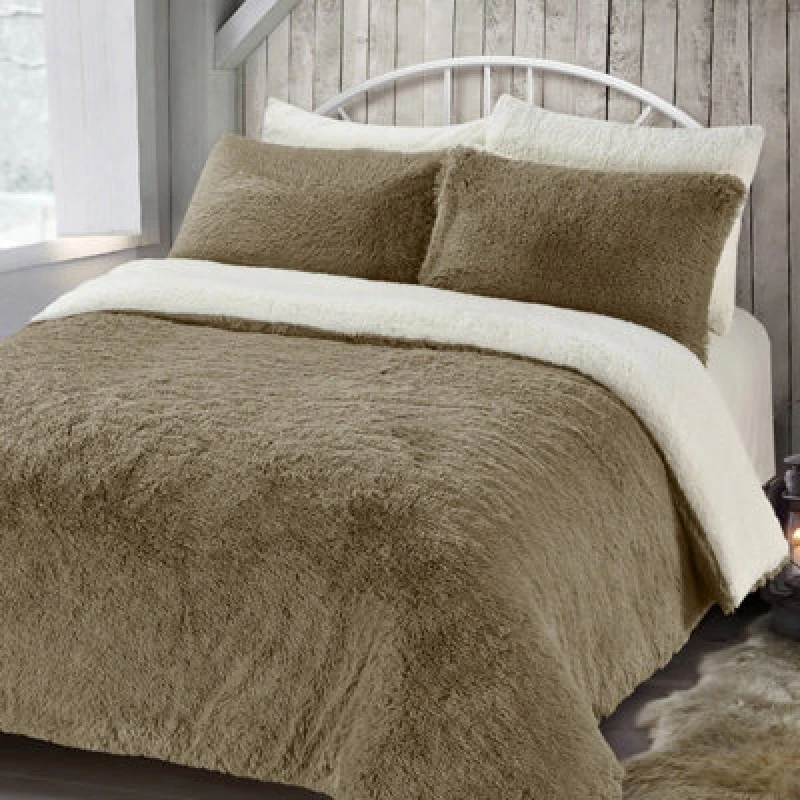 Image of Velosso Alaska Shaggy Faux Fur Warm & Cosy Duvet Cover & Pillowcase Set in Taupe Size: Double Taupe Unisex Double
