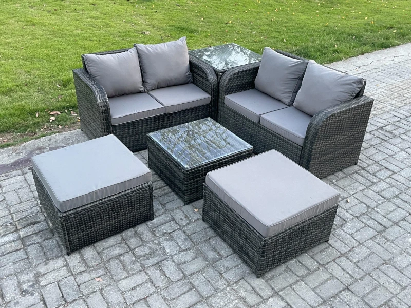 Image of Fimous 6 Seater High Back Rattan Garden Furniture Set with Square Coffee Table 2 Big Footstool Love Sofa Indoor Outdoor Patio Lounge Sofa Set Dark Gre