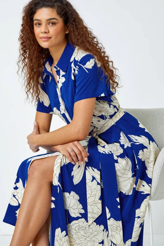 Image of Roman Womens Shadow Floral Print Shirt Dress in Royal Size: 18 Royal Female 18