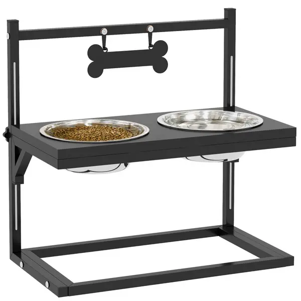 Image of Raised Dog Bowl, Elevated Dog Bowls w/ 2 Stainless Steel Bowls - Black