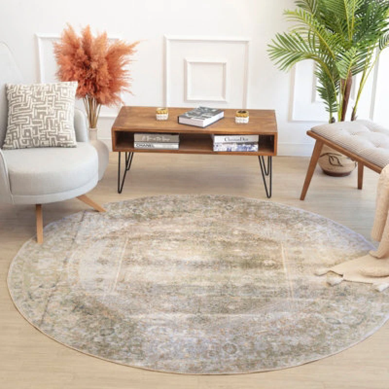 Image of Livabliss Round Machine Washable Traditionnal Boho Camel Boka Area Rug 200 X 200 Cm - Easy Care, Ideal For Living Room & Bedroom