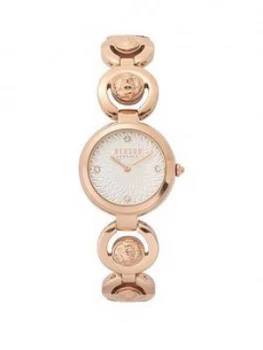 Versus Versace White Guilloche Swarovski Dial Rose Gold Stainless Steel 3D Lion Head Bracelet Ladies Watch