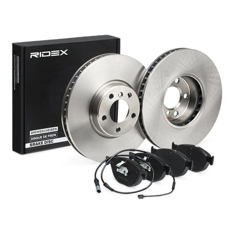 Image of RIDEX 3405B1659 Brake disc and pads set Front Axle, Brake Disc Type: internally vented, incl. wear warning contact, with piston clip Brake Set,disc b