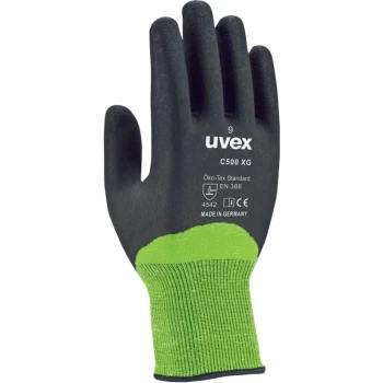 image of 60600 C500 XG Black/Green Cut Resistant Gloves - Size 7 - Uvex