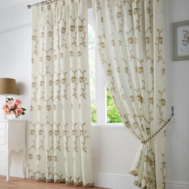 Image of Alan Symonds Exeter Embroidered Floral Trail Pencil Pleat Taped Latte unisex 148x137cm