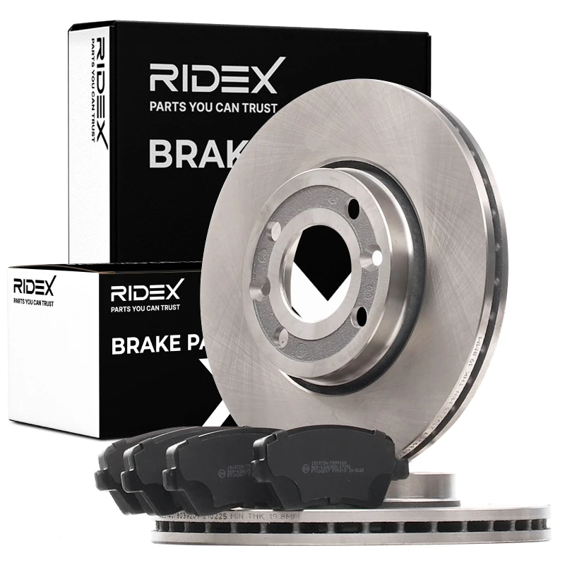 Image of RIDEX 3405B1158 Brake disc and pads set with accessories, Front Axle, Brake Disc Type: Vented, excl. wear warning contact Brake Set,disc brakes (3405