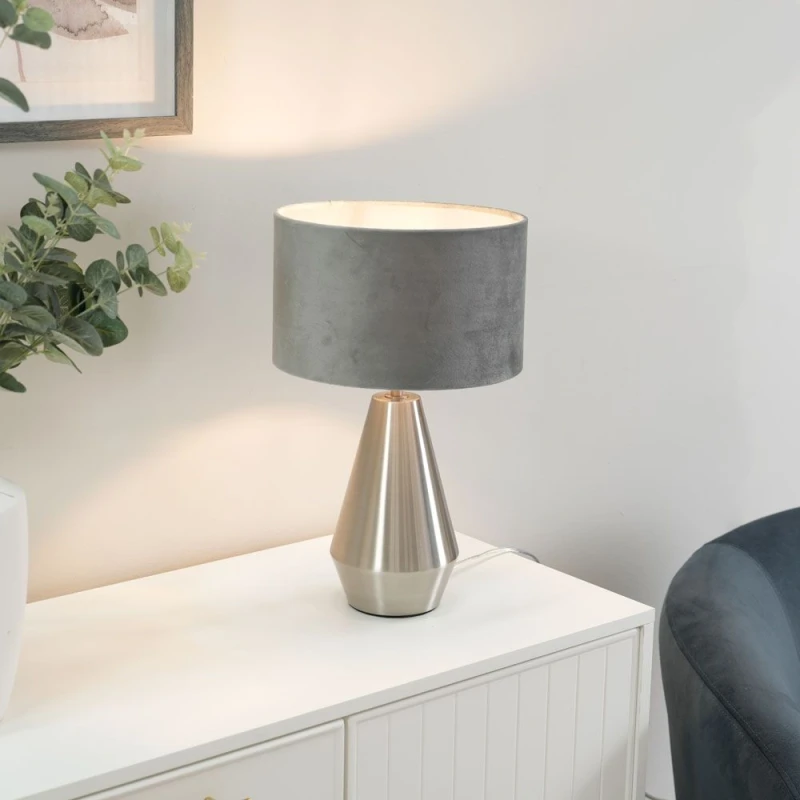 Image of ValueLights Jax Brushed Chrome Dimmable Touch Table Lamp with Velvet Drum Shade Grey