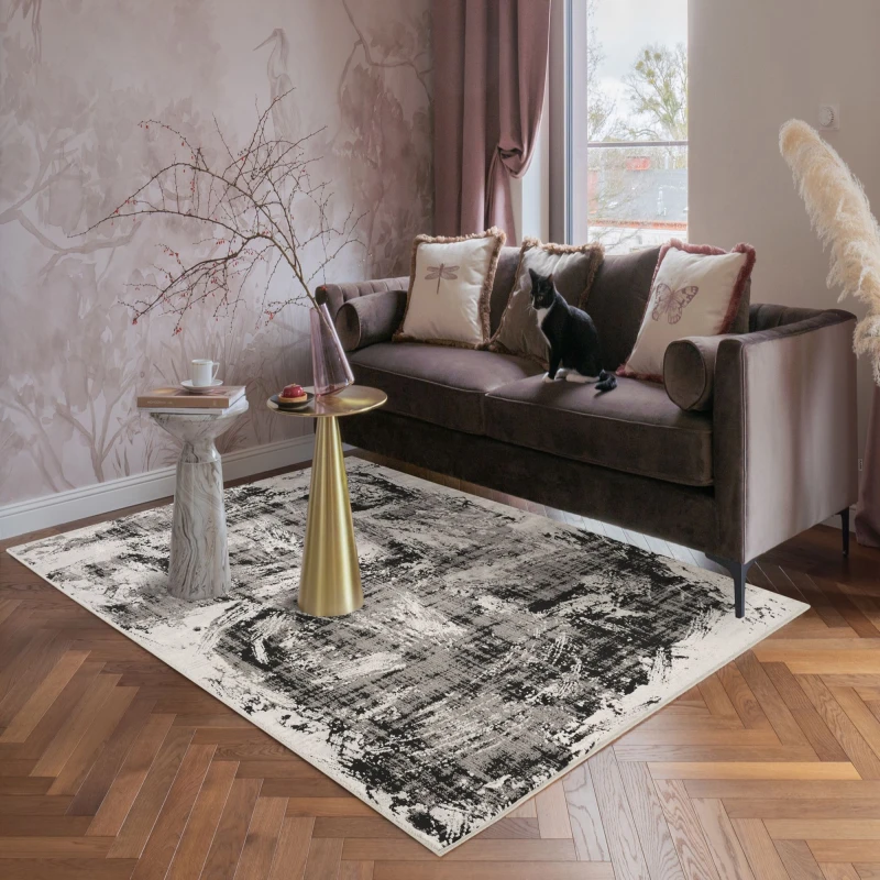 Image of Mayfair Living Room Area Rug Metallic Sheen Contemporary Modern Canvas Design - Black 120Cm X 170Cm