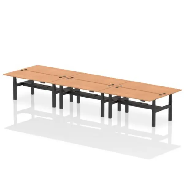 Image of Air Air Back-to-Back 1800 x 800mm Height Adjustable 6 Person Bench Desk Oak Top with Cable Ports Black Frame HASCP6P18800OAKB
