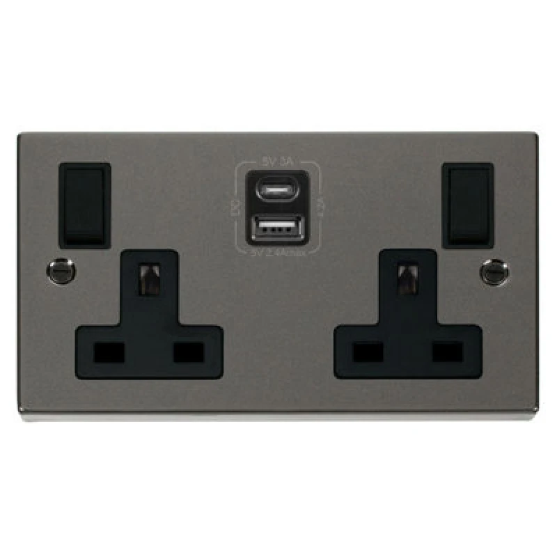 Image of SE Home Black Nickel 2 Gang 13A Type A & C USB Twin Double Switched Plug Socket Black
