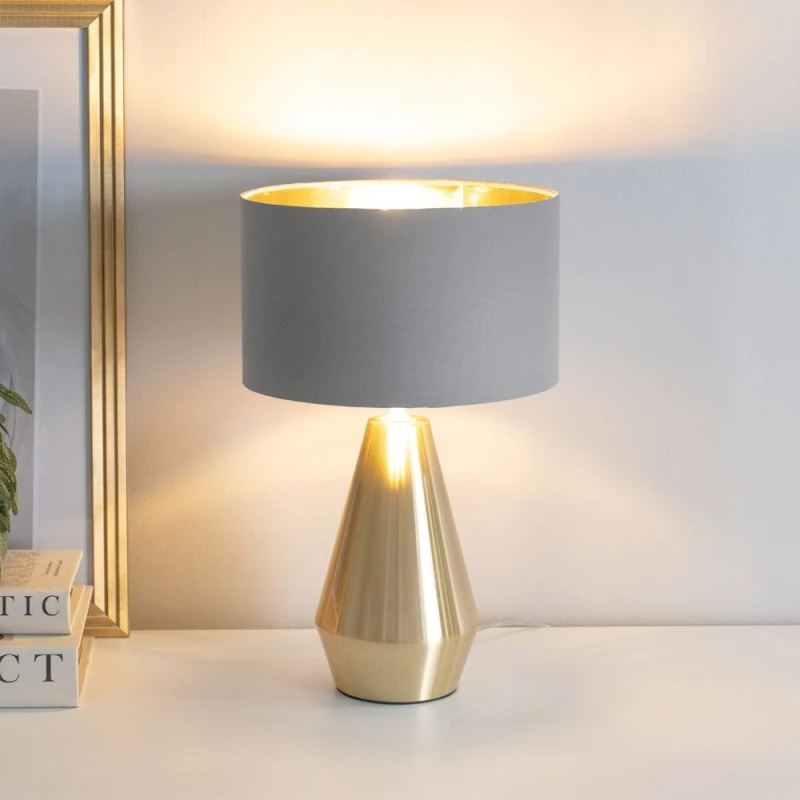 Image of ValueLights ValueLights Jax Gold Dimmable Touch Table Lamp with Fabric Drum & Gold Inner Lamp Shade in Grey Grey One Size Unisex 5059406060250