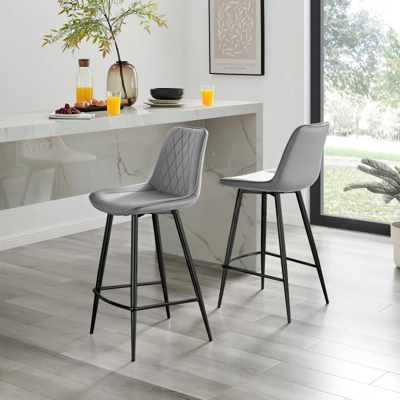 Image of FurnitureboxUK Pesaro Set of 2 Velvet Black Legs Counter Stools in Grey Grey Unisex