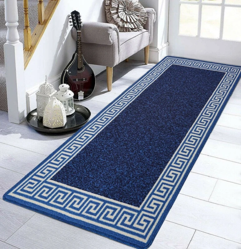 Image of Smart Living Smart Living Greekey Heavy Duty Machine Washable Hallway Kitchen Non Slip Door Mat in Blue Size: 80cm x 300cm Blue 80cm x 300cm Unisex
