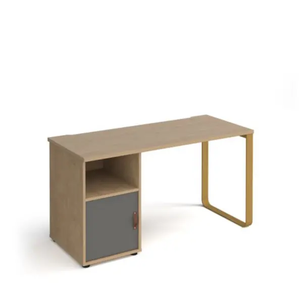 Image of Cairo straight desk 1400mm x 600mm with sleigh frame leg and support pedestal with cupboard door - brass frame, oak finish with grey door