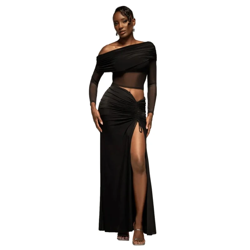 Image of Goddiva Womens Long Split Front Wrap Dress with Drawstring Goddiva Noir Female S