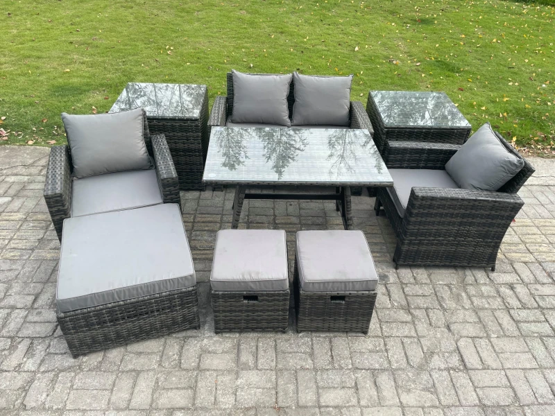 Image of Fimous Rattan Wicker Garden Furniture Patio Conservatory Sofa Set With Rectangular Dining Table Armchair For Balcony