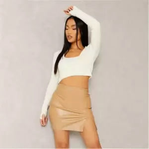 Image of I Saw It First Petite Faux Leather Split Detail Mini Skirt - Brown