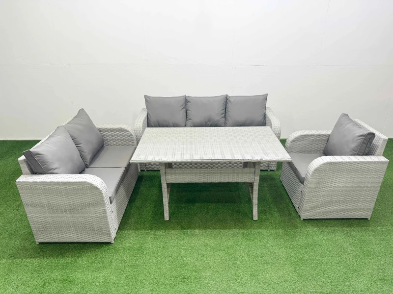 Image of Fimous Patio PE Wicker 6 Seater Outdoor Rattan Furniture Sofa Sets with Rectangular Dining Table Reclining Chair Loveseat Sofa 3 Seater Sofa Light Gre