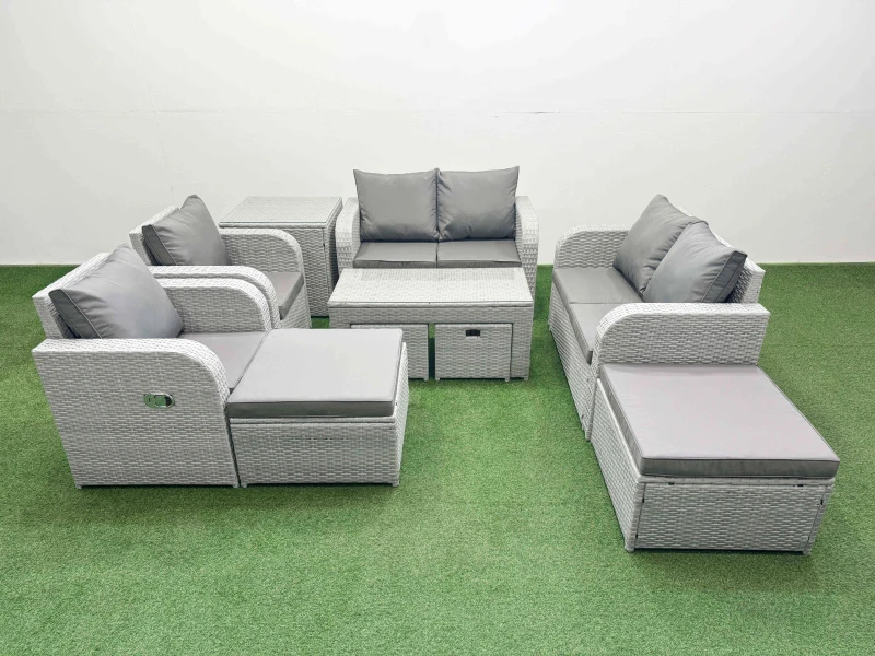 Image of Fimous Pe Wicker Rattan Furniture Sofa Sets With Oblong Coffee Table Love Sofa Reclining Chair 4 Stools Side Table