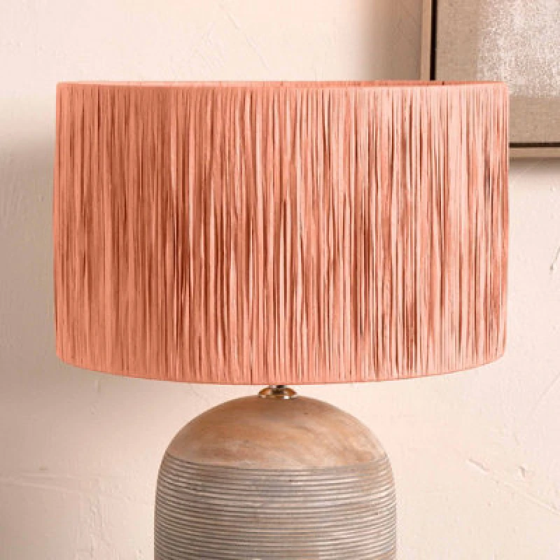 Image of Pacific Lifestyle 35Cm Peach Raffia Cylinder Lampshade Boho Palm Tree Drum Lamp Shade For Table Lamps