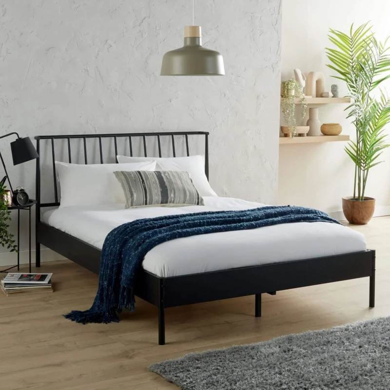 Image of Home Source Odessa 4ft6 Double Black Metal Bed Frame With Headboard