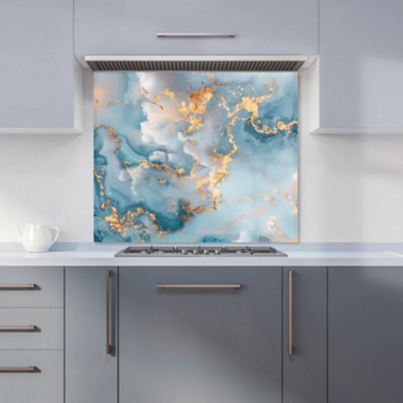 Image of Warren Reed Designer Blue And Gold Marble Effect Kitchen Splashback
