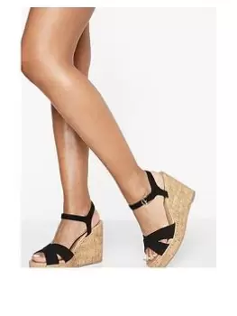 Image of Boohoo Crossover 2 Part Cork Wedge - Black, Size 7, Women