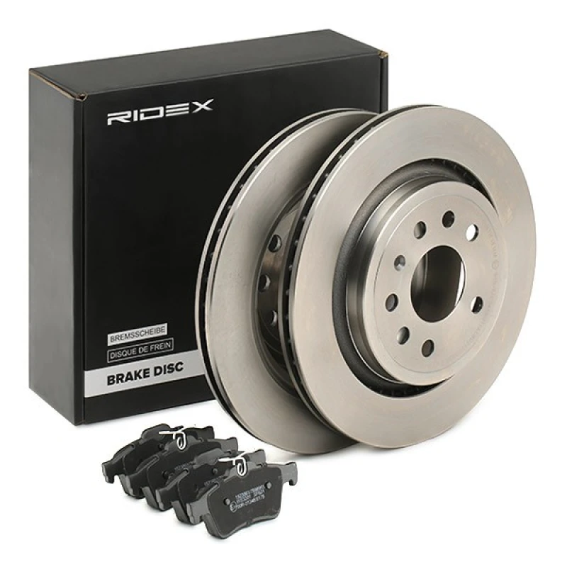 Image of RIDEX 3405B1490 Brake disc and pads set Rear Axle, Brake Disc Type: internally vented, with anti-squeak plate Brake Set,disc brakes (3405)