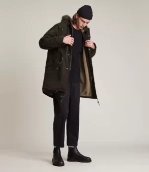Image of AllSaints Mens Cotton Coln Parka Coat, Khaki, Size: L