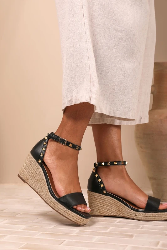 Image of Where's That From Womens 'Sawyer' Wedge Sandals With Gladiator Ankle Strap in Black Size: 5 Black Female 5