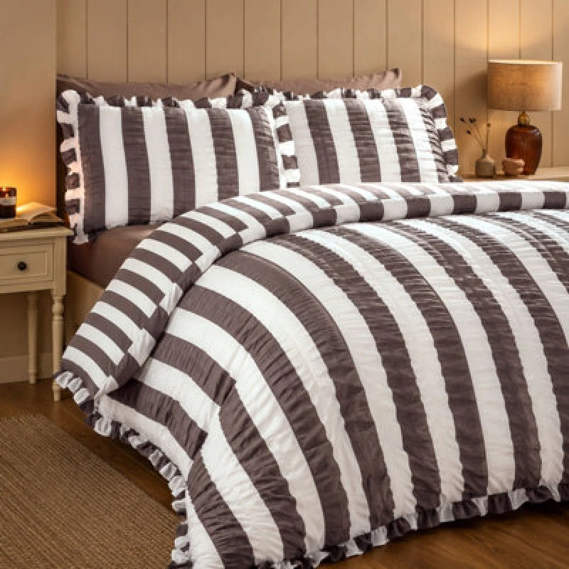 Image of Catherine Lansfield Seersucker Frill Stripe Single Duvet Cover Set With Pillowcase Chocolate