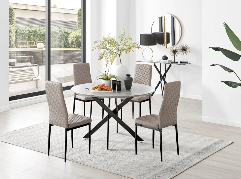 Image of FurnitureboxUK FurnitureboxUK Novara Grey Concrete Effect Black Leg 120cm Round Dining Table & 4 Milan Black Leg Chairs in Beige Beige One Size Unisex