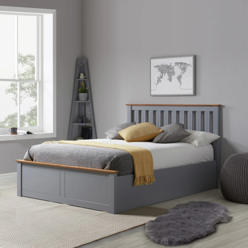 Image of Birlea Stone Grey Wood Small Double Ottoman Bed and Mattress Bundle Phoenix Nebula 120cm 4ft Mid Grey