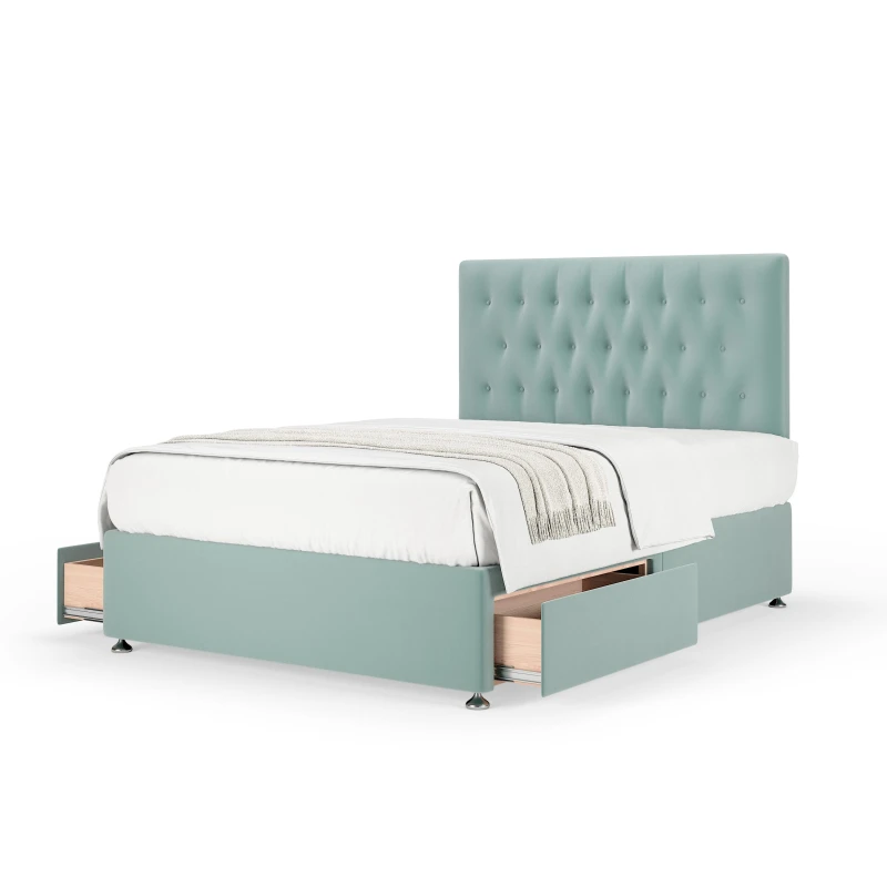 Image of Bedmaster Bedmaster Plush Velvet 2 Drawer Divan Base And Button Headboard in Duck Egg Blue Size: Super King Duck Egg Blue Super King Unisex 78678710