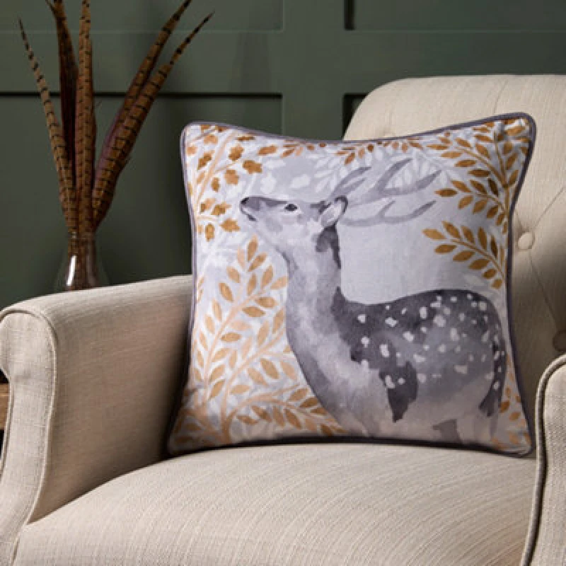 Image of Dreams & Drapes Forest Animals Velvet Filled Cushion 43cm x 43cm Grey