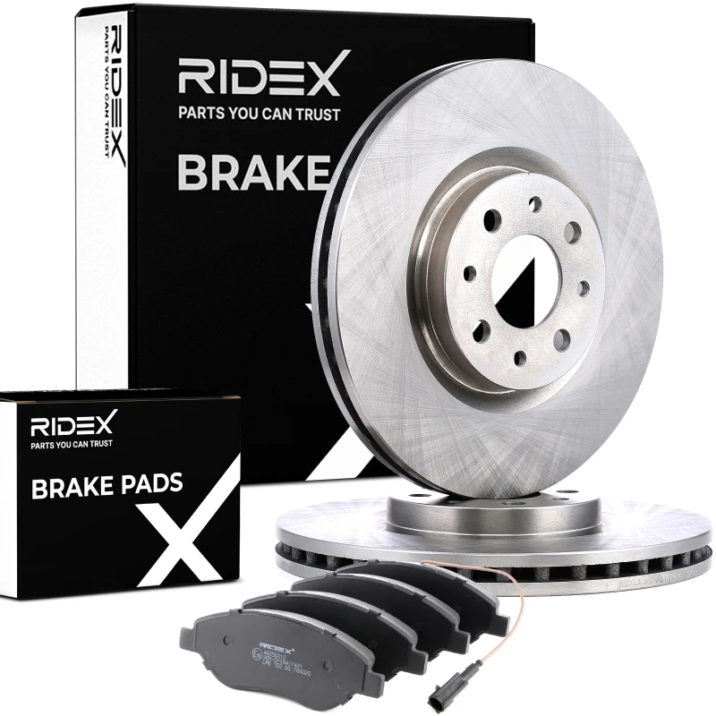 Image of RIDEX 3405B1538 Brake disc and pads set Front Axle, Brake Disc Type: internally vented, incl. wear warning contact Brake Set,disc brakes (3405)