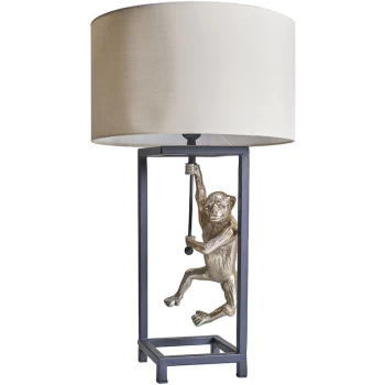 image of Antique Brass Hanging Monkey Cubed Table Lamp with Lampshade - Beige