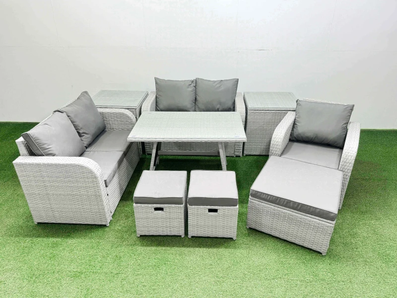 Image of Fimous 8 Seater Rattan Garden Furniture Sets Love Sofa Reclining Chair Set in Light Grey Light Grey Unisex