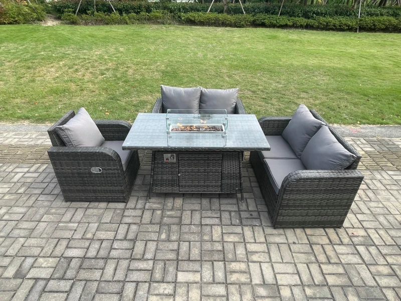 Image of Fimous Patio Rattan Garden Furniture Set with Gas Fire Pit Dining Table Indoor Outdoor 4 piece Love Sofa set Dark Grey