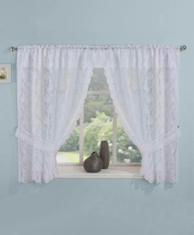 Image of Tyrone Textiles Kew White Embroidered Floral Window Set with Attached Valance and Matching Tie Backs White