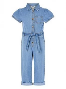 image of Monsoon Girls Denim Puff Sleeve Jumpsuit - Blue, Size 10 Years, Women