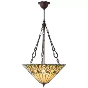 image of Interiors Jamelia - 3 Light Large Inverted Ceiling Pendant Dark Bronze, Tiffany glass, E27