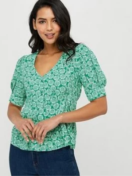 Image of Monsoon Indie Print Sustainable Viscose Top - Green, Size 8, Women
