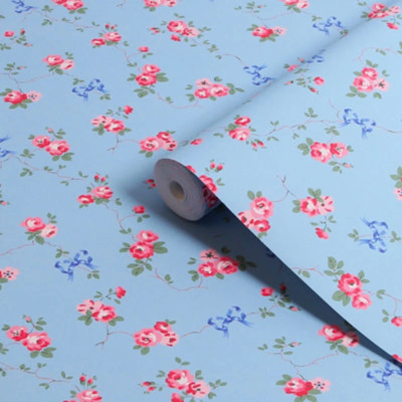 Image of Cath Kidston Rose & Bows Blue Floral Wallpaper Wallpaper One Size Blue 71746418000