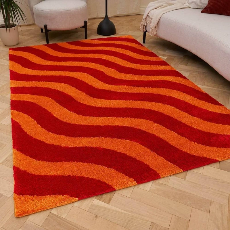 Image of THE RUGS Joli Wavy Soft & Dense Pile Living Room & Bedroom Rug in Dark Red Size: 80cm x 150cm Dark Red Unisex 80cm x 150 cm