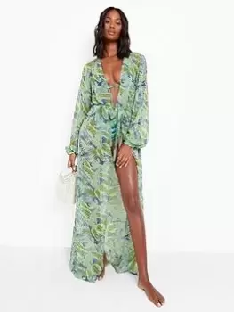 Image of Boohoo Chiffon Maxi Beach Kimono - Blue Size L, Women