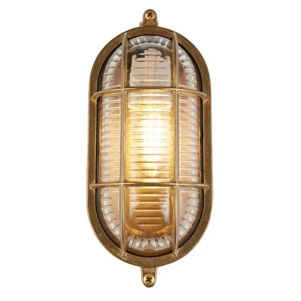 image of Bulkhead Round Outdoor Light Solid Brass, Ribbed Glass